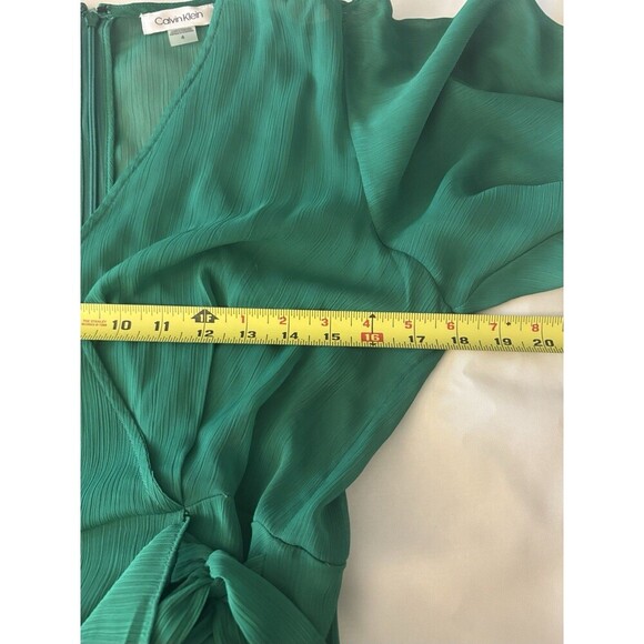 CALVIN KLEIN Kelly Green Ruffle Wrap Dress Women 4 Flutter Sleeve Midi Chiffon - Picture 16 of 16